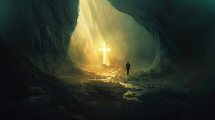 Path to Enlightenment. Glowing cross is illuminated by a radiant light, standing tall amidst a misty canyon. The silhouette of a man is staring at it. Digital illustration.