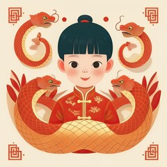 Wall Mural - illustration of a child dressed in Chinese with a Chinese zodiac snake ornament