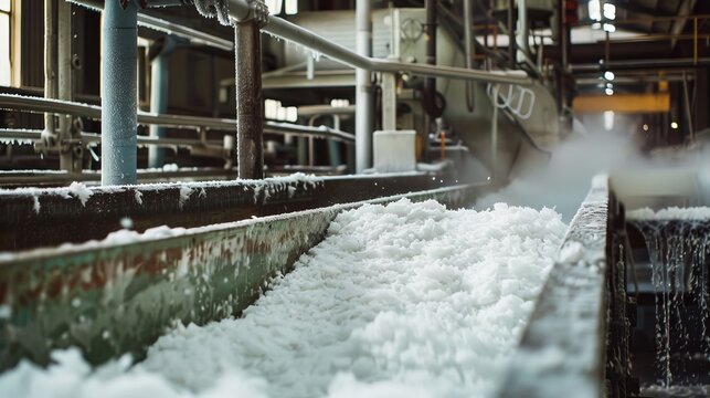 A conveyor belt is filled with snow