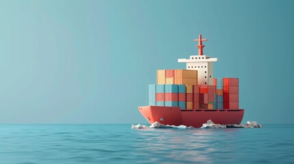 Cargo ship on calm ocean water under clear blue sky, transporting containers for international trade and shipping logistics. 3D Illustration.