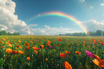 Wall Mural - Rainbow arching over a summer field