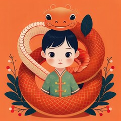 Wall Mural - illustration of a child dressed in Chinese with a Chinese zodiac snake ornament