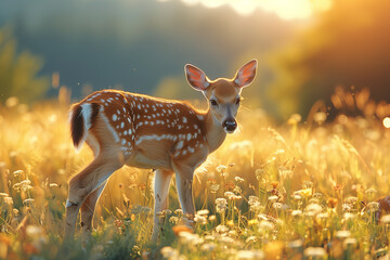 Deer grazing in a sunlit meadow