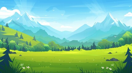 Wall Mural - This is a modern illustration of a summer panorama cartoon flat landscape with mountains, hills, and a green field.