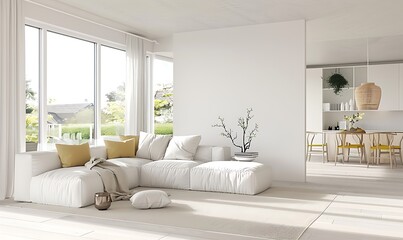 Minimalist living room in white color with sofa and summer landscape in window. Scandinavian interior design. 3D illustration 