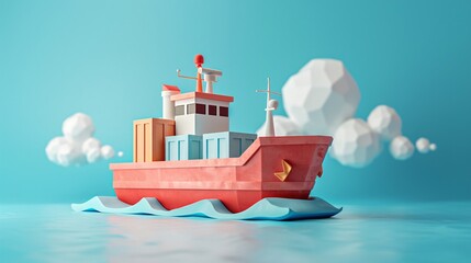 Colorful paper art ship carrying containers, featuring blue ocean waves and white clouds against a bright blue sky background. 3D Illustration.