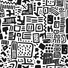 Canvas Print - Black and white doodle shapes textile seamless pattern