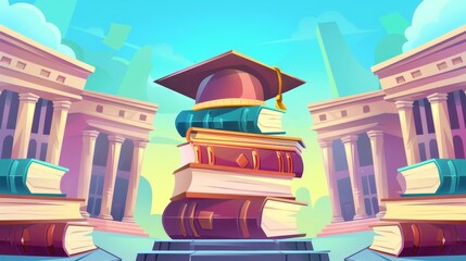 Student education or scholarship loan modern, flat cartoon with book stack, cap or hat, idea of tuition budget, university fees, profit or earnings from college.