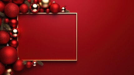 Merry Christmas sign banner frame with empty space and festive decorations on a red background