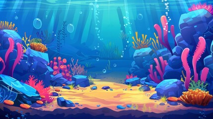 Sticker - Corals and algae underwater world, sea bottom cartoon background. Modern seaweed and stones undersea plants, aquarium with seabed, marine wildlife scenery, bubbles and light, diving game design.