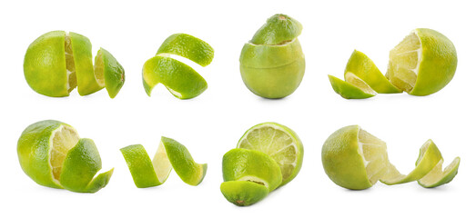 Poster - Fresh limes with peel isolated on white, set