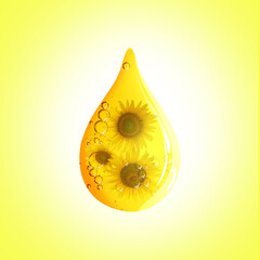 Wall Mural - Cooking oil drop with sunflowers inside on yellow background