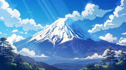 Anime illustrations of Mount Fuji, one of the world's famous tourist destinations in Japan. An illustration of Mount Fuji's landscape, a Japanese famous tourist destination, anime illustrations.