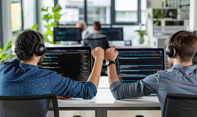 Two programmers wearing headphones fist bumping in front of their computer screens, symbolizing teamwork and collaboration in a modern office environment