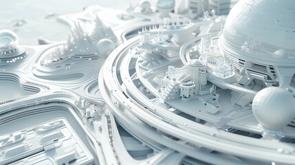 Wall Mural - 3d render of white map scene with futuristic city roads and buildings isometric perspective