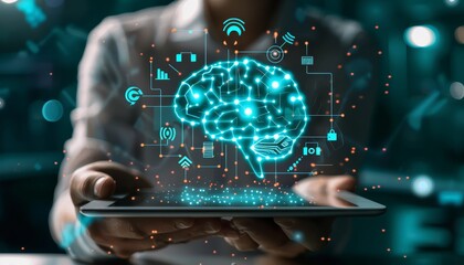 Wall Mural - Businesswoman holding tablet with AI brain hologram, Concept of artificial intelligence and machine learning by AI generated image