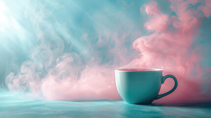 Calming blue cup with pastel pink steam on a blue background, creating a cozy and relaxing atmosphere. Ideal for serene and peaceful advertising illustrations with minimal design and close-up detail.