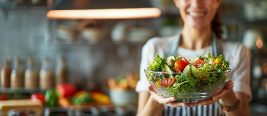 Wall Mural - Woman holding a bowl of healthy vegetable salad in kitchen. Food concept