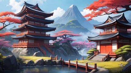 Wall Mural - Great illustration showing an Asian village in a natural valley
