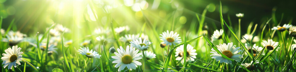 Beautiful spring meadow with daisies and grass, spring background banner panorama, in the style of banner.