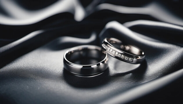 Two silver wedding rings on black draped satin. 