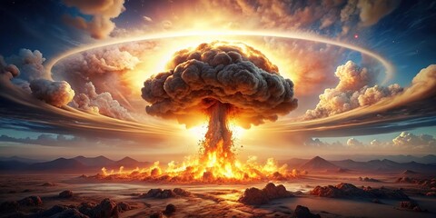 Epic anime style nuclear explosion background with smoke clouds, fire, and particles, nuclear explosion, epic, anime style, background, smoke clouds, fire, particles, blast, cartoon