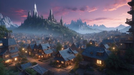 Wall Mural - Beautiful illustration like a fantasy game showing a housing estate and a town