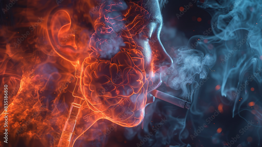 A human profile shows x-ray-like views of the brain and lungs ...