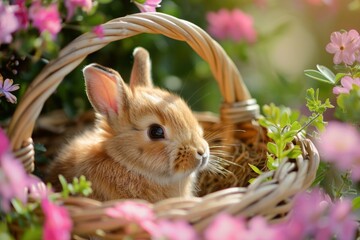 Wall Mural - Baby rabbit sitting in a wicker basket surrounded by pink flowers. High-resolution photograph with natural lighting. Easter celebration and springtime concept. Generative AI