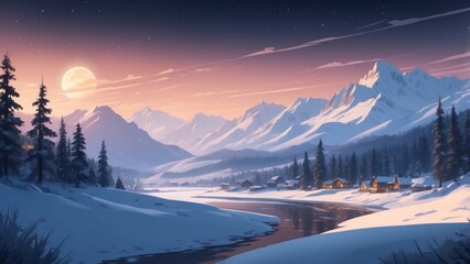 Landscape colorful illustration of winter mountains