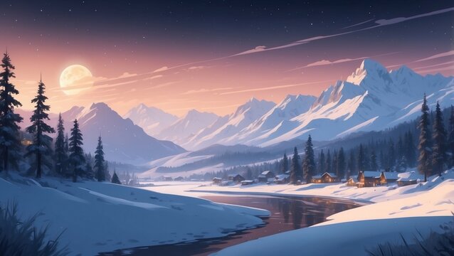 Landscape colorful illustration of winter mountains