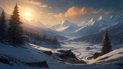 Wall Mural - Landscape of vast winter forest on the background of mountains