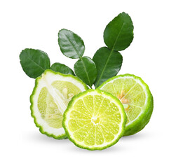 Canvas Print - Leaf of bergamot (kaffir lime)  and half ,slice isolated on transparent.