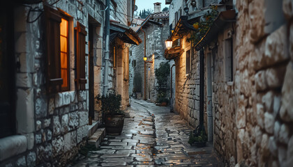 Sticker - A dark alleyway with a street lamp in the middle