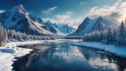 Wild river landscape flowing in frozen mountain valley, around beautifully snowy spruce trees