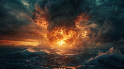 Nuclear explosion with powerful shock wave, towering mushroom cloud against a backdrop of stormy skies and turbulent seas