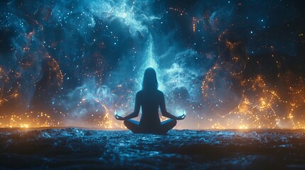 Meditating person surrounded by glowing quantum particles, creating an aura of harmony and peace