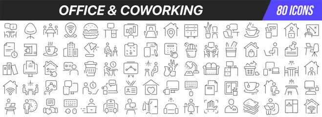 Office and coworking line icons collection. Big UI icon set in a flat design. Thin outline icons pack. Vector illustration EPS10