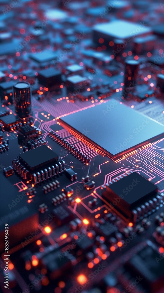 Vertical image of a computer motherboard with a graphic processing unit ...