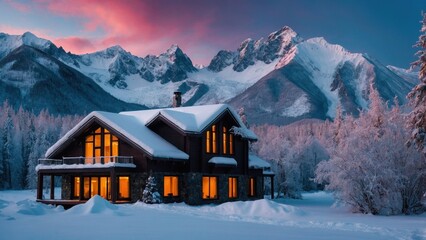 Wall Mural - Landscape of wooden hotel in beautiful winter mountain valley