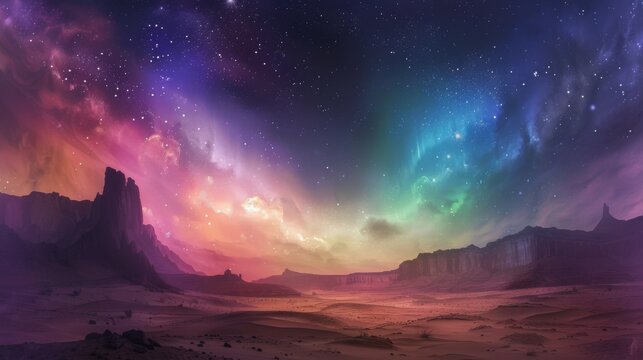 Southern Lights over a desert landscape, with the stark contrast of colorful lights against the barren, sandy ground.