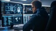 © ryker - a high-tech cybersecurity operations center, buzzing with intense activity and a sense of urgency. The scene showcases a room filled with rows of computer monitors, displaying intricate network