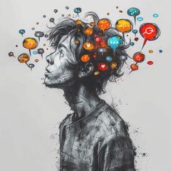 Wall Mural - photo of social media speech bubbles popping out from a person's head/mind. he is happy. he is wearing a gray shirt