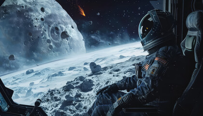 Wall Mural - A man in a spacesuit is looking out the window of a spaceship