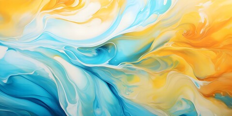 Wall Mural - Vibrant Abstract Oil Painting of Colorful Waves in Aqua, Yellow, and White. Concept Colorful Waves, Abstract Oil Painting, Aqua, Yellow, White, Vibrant