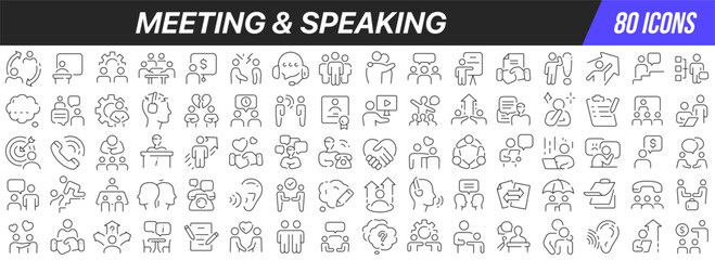 Poster - Meeting and speaking line icons collection. Big UI icon set in a flat design. Thin outline icons pack. Vector illustration EPS10