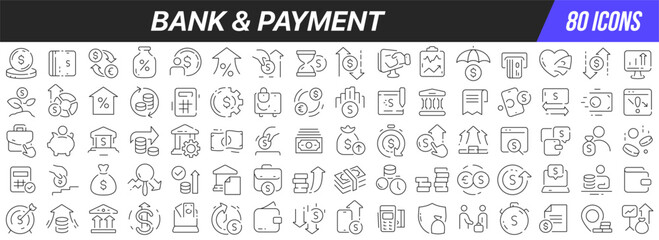 Bank and payment line icons collection. Big UI icon set in a flat design. Thin outline icons pack. Vector illustration EPS10