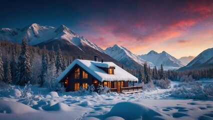 Wall Mural - Landscape of wooden hotel in beautiful winter mountain valley