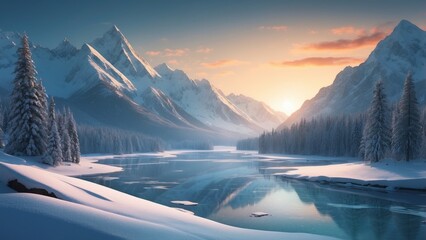 Wall Mural - Wild river landscape flowing in frozen mountain valley, around beautifully snowy spruce trees