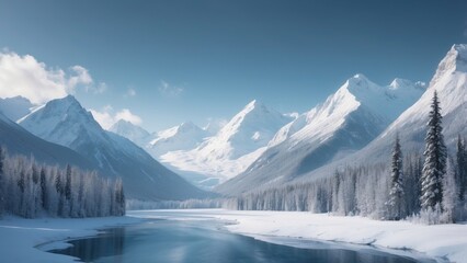 Wall Mural - Wild river landscape flowing in frozen mountain valley, around beautifully snowy spruce trees
